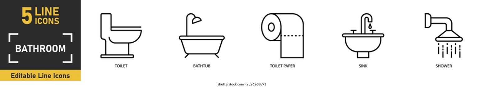 Conjunto de ícones da linha do banheiro. Conjunto de 5 ícones de contorno relacionados ao banheiro, banheira, papel higiênico, pia, chuveiro e muito mais. Ilustração vetorial.