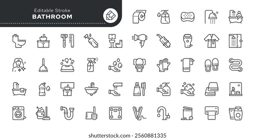 Bathroom line icon set. Bath, room, sink, washbasin, toilet, shower, soap, mirror, towel, robe, slippers and more. Outline vector icon in linear style. Pictogram collection

