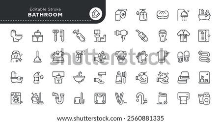 Bathroom line icon set. Bath, room, sink, washbasin, toilet, shower, soap, mirror, towel, robe, slippers and more. Outline vector icon in linear style. Pictogram collection

