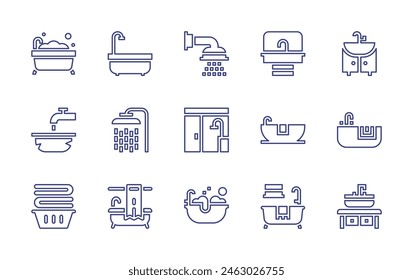 Bathroom line icon set. Editable stroke. Vector illustration. Containing bathtub, bath, hygienic, bathroom, shower head, sink, basin, shower, bathing.