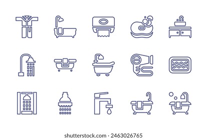 Bathroom line icon set. Editable stroke. Vector illustration. Containing sink, bathtub, mat, tap, hairdryer, paper towel, shower, soap, bath, bathrobe.