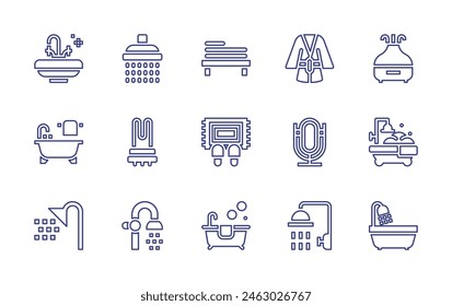 Bathroom line icon set. Editable stroke. Vector illustration. Containing bathroom, mat, shower, bathtub, humidifier, towel rail, heated towel rail, mirror, bathrobe, sink.