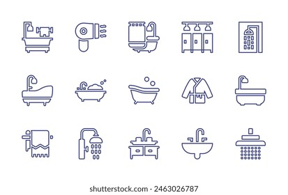 Bathroom line icon set. Editable stroke. Vector illustration. Containing bathroom, bathtub, bath, sink, basin, showers, shower head, bath robe, hair dryer, shower, towel warmer.