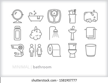 Bathroom line icon set for morning or evening routine of taking a shower, taking a bath, putting on makeup, and general hygiene