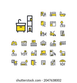 Icono de la línea del cuarto de baño en conjunto sobre el fondo blanco. Símbolo de esquema de alta calidad de dos colores para diseño web o aplicación móvil.