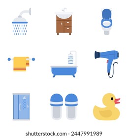 Bathroom line icon set for taking a shower, taking a bath, and general hygiene. Vector Illustration 