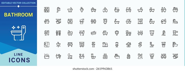 Bathroom line icon set. Toilet related icon set. Minimalist icons collection. Contains such symbols as room, sanitary, bath, toilet and more. Signs for web and mobile app.