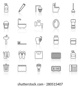 Bathroom line icons with reflect on white, stock vector