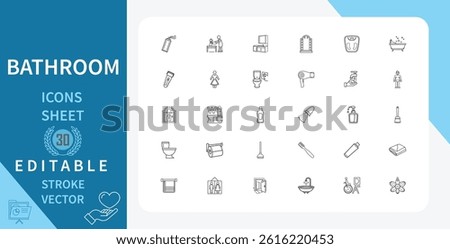 Bathroom Line Icons Set. Representing Various Bathroom Fixtures, Amenities, Supplies, Toilet, Sink, Shower, Tub, Bathtub, Mirror And More. Outline Vector Icon In Linear Style. Editable Stroke.