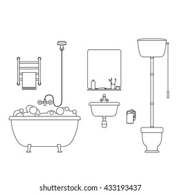 Bathroom line interior. Thin illustration with toilet, sink and hygienic supplies.