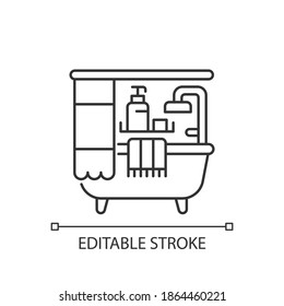 Bathroom linear icon. Bath accessories. Bathtub and shower. Plumbing. Freestanding tub. Thin line customizable illustration. Contour symbol. Vector isolated outline drawing. Editable stroke