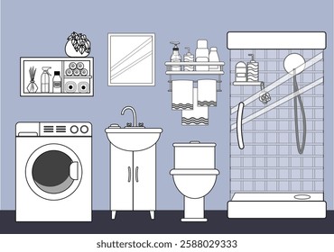 Bathroom. Linear sketch. Shower cabin and sink, toilet. Washing machine. Hygiene items. Vector illustration