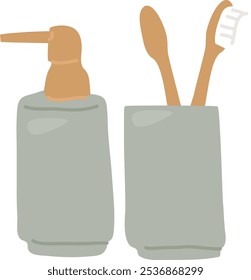 Bathroom Liquid Soap And Toothbrushes Vector Illustration