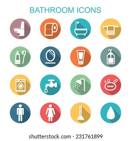 bathroom long shadow icons, flat vector symbols