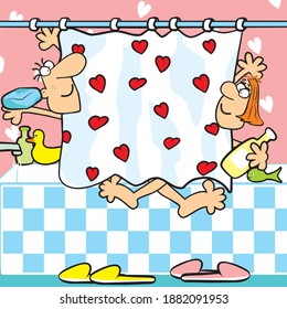 bathroom, man and lady in the bath, funny vector illustration