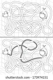 Bathroom maze for kids with a solution in black and white