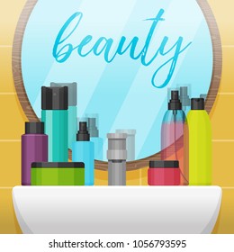 Bathroom with mirror and colorful vector cosmetic bottles on the shelf. Set for beauty and cleanser, skin and body care, toiletres. Flat design. Cream, tooth paste, shampoo, gel, spray and tube
