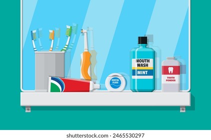 Bathroom mirror and dental cleaning tools. Oral care and hygiene products. Toothbrush, toothpaste, mouthwash, powder, tongue scraper and dental floss. Brushing teeth. Vector illustration in flat style