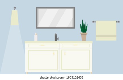 Bathroom with mirror with pastel colors.  Flat vector illustration.