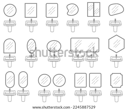 Bathroom mirror set and wash basin, several shapes, vector line