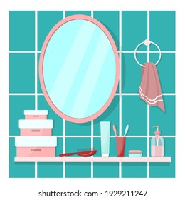 Bathroom mirror with a shelf where there are boxes, a toothbrush, toothpaste, cream, comb, soap and towel. Flat, cartoon vector illustration. Turquoise bathroom.