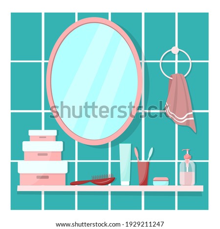 Bathroom mirror with a shelf where there are boxes, a toothbrush, toothpaste, cream, comb, soap and towel. Flat, cartoon vector illustration. Turquoise bathroom.