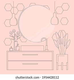 Bathroom. Mirror, washbasin, flowerpots, eau de toilette, soap. Bathroom interior. Linear art on a pink background. Vector illustration