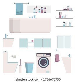 Bathroom modern furniture set. Constructor house equipment icon washing machine, toilet, mirror, bowl, washbasin. Vector illustration eps10