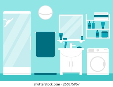 Bathroom. Modern bathroom interior design.Bathroom elements: washbasin, shower, washing machine, mirror. Isolated bathroom furniture. Modern white furniture. Flat style vector illustration. 