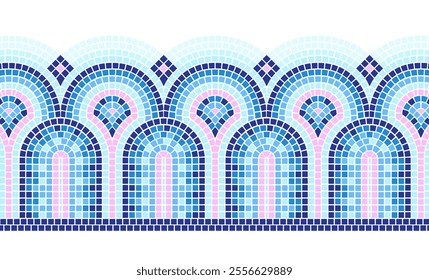 Bathroom mosaic tile pattern. Pool wall blue texture. Kitchen square ceramic indoor floor design. Swimming construction interior material closeup. Geometric building decor detail with ornament