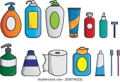 Bathroom needs flat clipart set vector eps 10, soap, shampoo, toilet paper, toothbrush, toothpaste, sunscreen, and more
