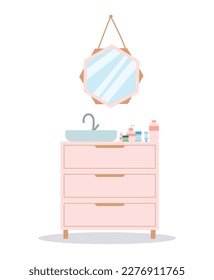 Bathroom nightstand concept. Pink furniture with sink and place for creams and lotions and mirror. Modern minimalistic interior. Fashion and trend. Cartoon flat vector illustration