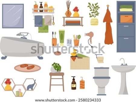 Bathroom object constructor. Cabinet with sink and mirror. Laundry basket, robe and slippers. Personal hygiene set and hair dryer. Decorative shelf for figurines and flowers. Vector illustration