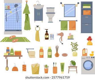 Bathroom object constructor. Shower cubicle. Rug and slippers, bathrobe. Shelf with personal hygiene items. Cabinet with personal items. Sink and toilet. Laundry basket, washing machine. Vector