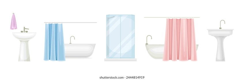 Bathroom Object with Sink, Bathtub and Shower Vector Se