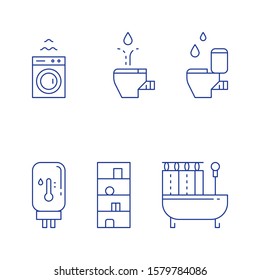 Bathroom objects, bath curtains, toilet and bidet, water heater tank, washing machine, vector line icon set