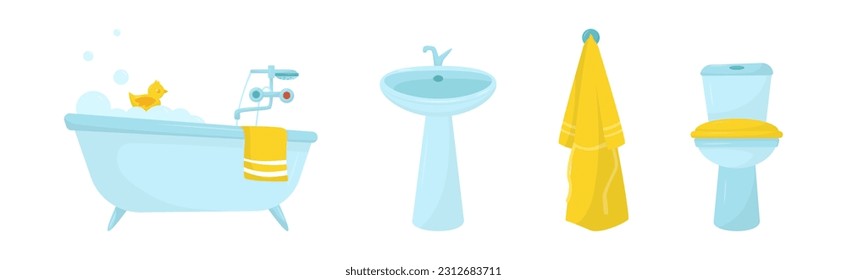 Bathroom Objects with Bathtub, Sink, Towel and Toilet Bowl Vector Set