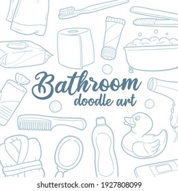 Bathroom Objects Doodle Banner Icon. Bath Vector Illustration Hand Drawn Art. Line Symbols Sketch Background.