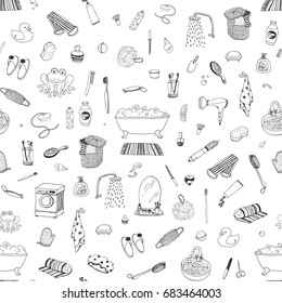 Bathroom Objects Hand Drawn Doodle Vector Seamless Pattern