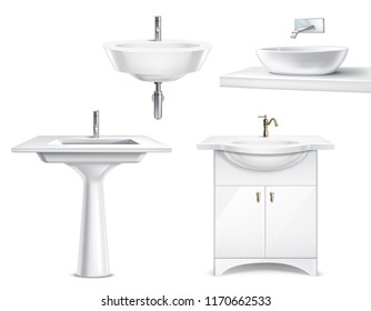 Bathroom objects realistic 3d collection with isolated images of white ceramic fitments for bath and toilet vector illustration