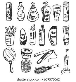 Bathroom objects set hand drawn doodle illustrations