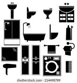 Bathroom objects - shower, towel, sink and other everyday objects. Black&white vector icons.