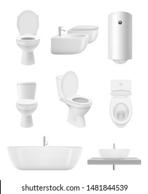 Bathroom objects. Toilet sink shower washroom vector realistic collection