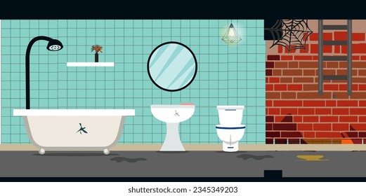 Bathroom in an old dirty apartment. brick wall, bath and shower, toilet. For 2d games location. Vector illustration