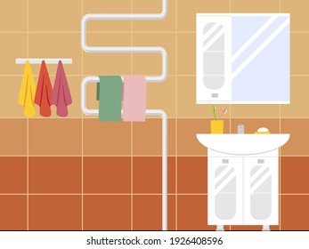 Bathroom On The Background Of Tiles In Cartoon Style, Flat. Vector Sketch Wash Basin, Interior.