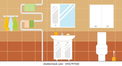 Bathroom on the background of tiles in cartoon style, flat. Vector illustration wash basin, interior.