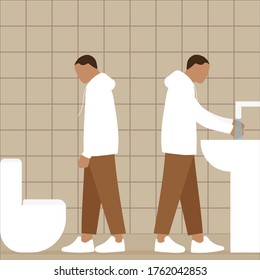 In the bathroom, one male character fits the toilet and another male character washes his hands