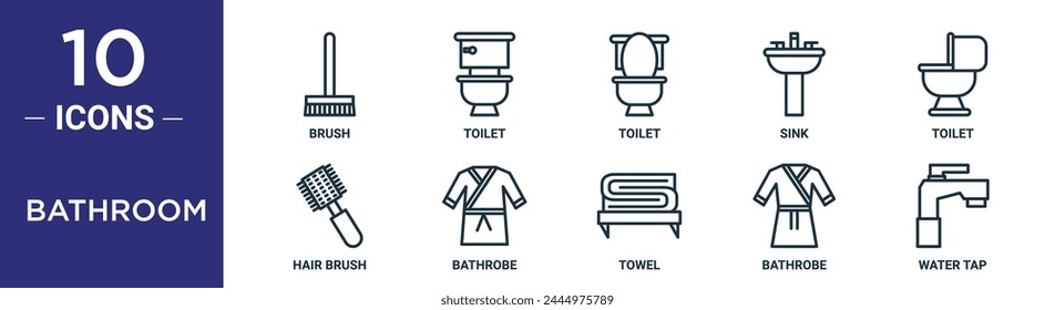 el conjunto de iconos de contorno de baño incluye cepillo de línea fina, inodoro, inodoro, lavabo, inodoro, cepillo de pelo, iconos de albornoz para informe, presentación, diagrama, Diseño web