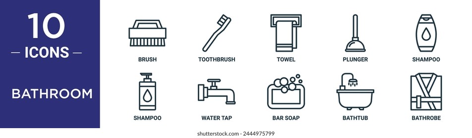 El conjunto de iconos de contorno de baño incluye cepillo de línea fina, cepillo de dientes, toalla, émbolo, champú, champú, iconos de grifo de agua para informe, presentación, diagrama, Diseño web