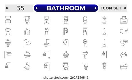 Bathroom outline icons. Editable Stroke. Shower, bath, toilet, bidet, mirror, water tap. Laundry and garbage basket. Cosmetics shampoo comb cream. Toilet paper napkins.
